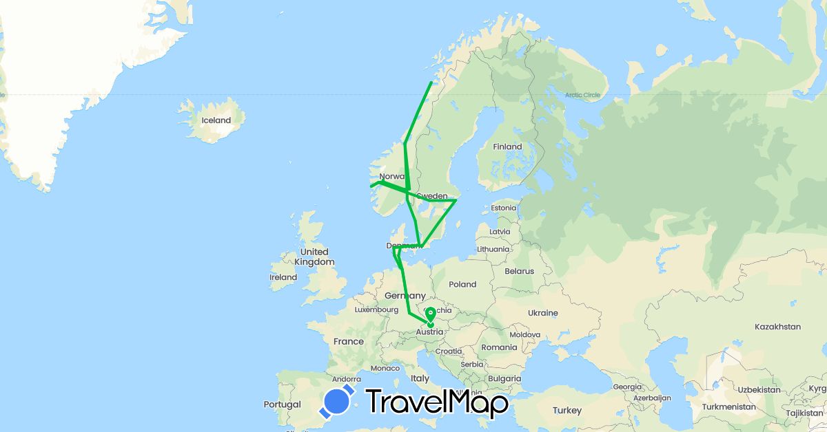 TravelMap itinerary: driving, bus in Austria, Germany, Denmark, Norway, Sweden (Europe)